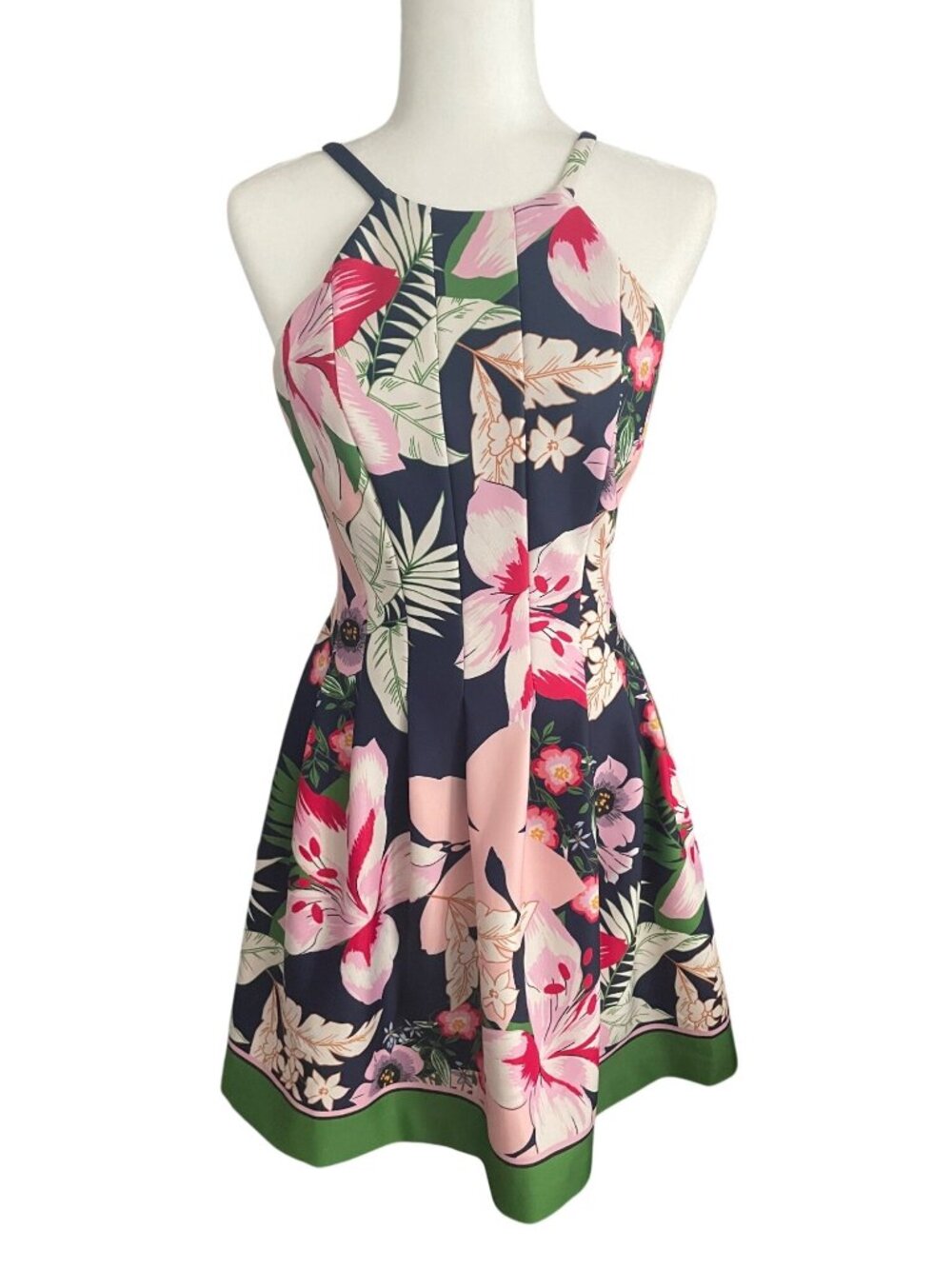 Vince Camuto Women's Tropical Floral Halter Dress Size 4 Navy Pink Green